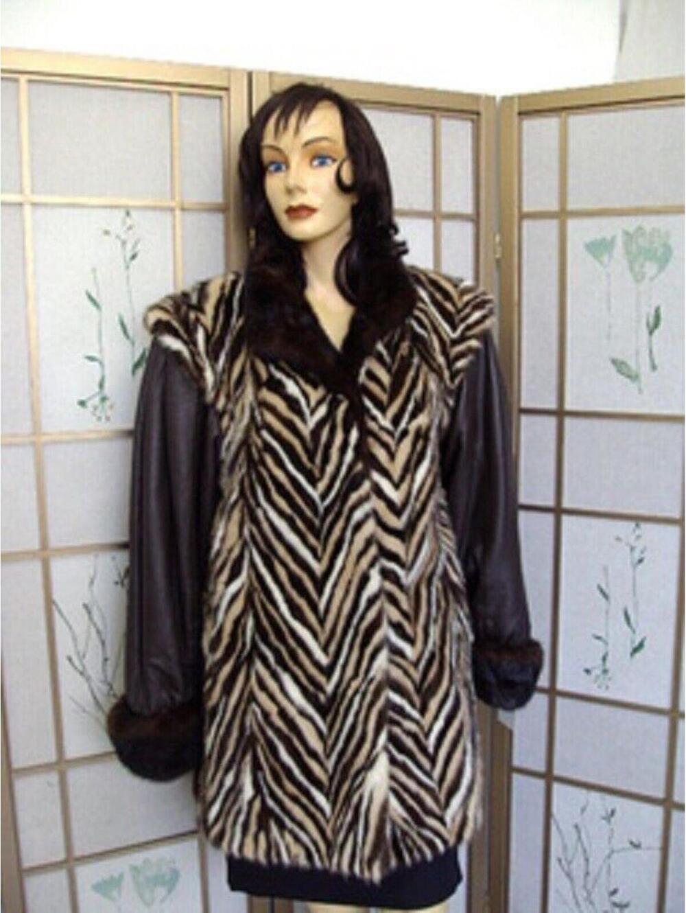 EXCELLENT MULTI COLOR MINK FUR & BROWN LEATHER JACKET COAT WOMEN SZ 6